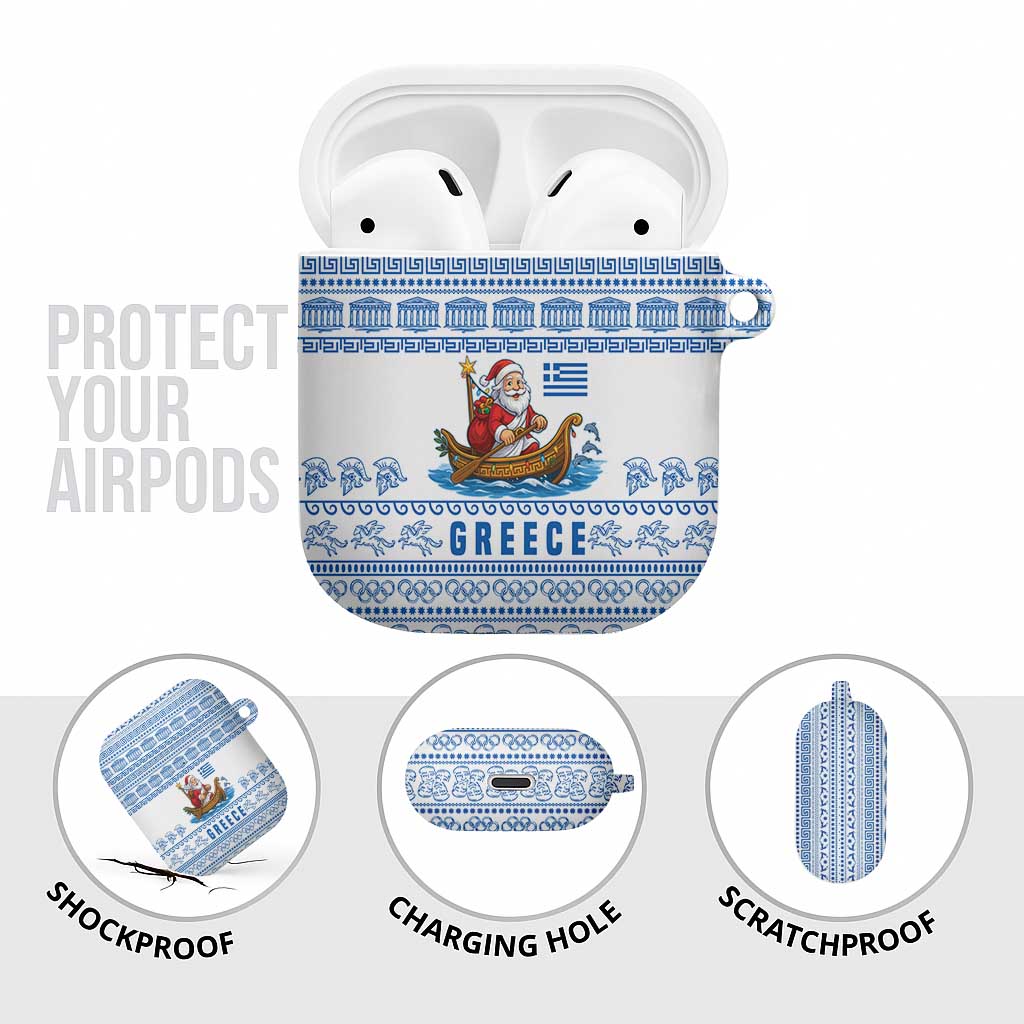 Greece Christmas AirPods Case with Santa Rowing Boat Greek Flag Laurel Wreath Parthenon and Blue White Pattern Design - Wonder Print Shop