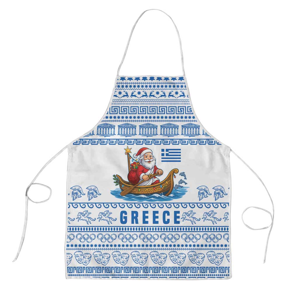 Greece Christmas Apron with Santa Rowing Boat Greek Flag Laurel Wreath Parthenon and Blue White Pattern Design - Wonder Print Shop