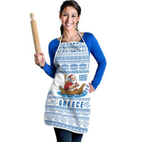 Greece Christmas Apron with Santa Rowing Boat Greek Flag Laurel Wreath Parthenon and Blue White Pattern Design - Wonder Print Shop