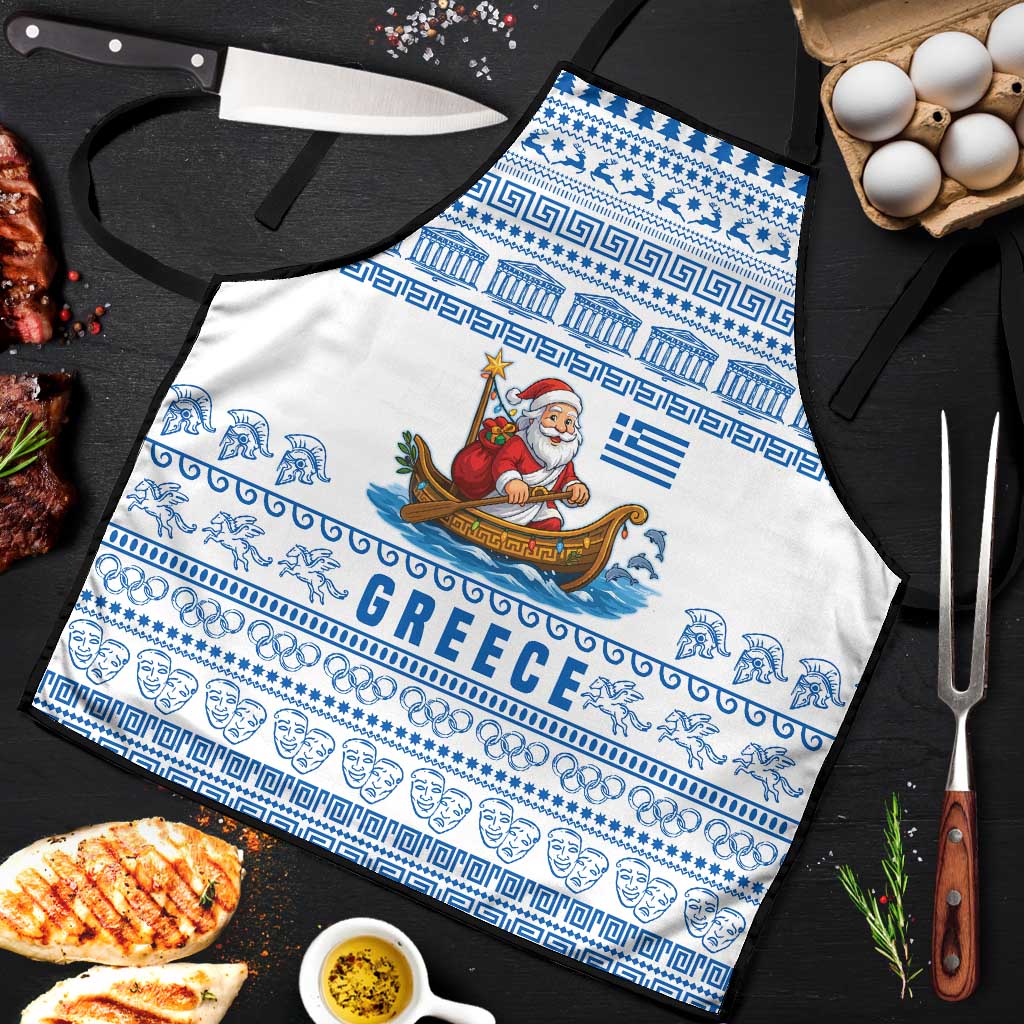 Greece Christmas Apron with Santa Rowing Boat Greek Flag Laurel Wreath Parthenon and Blue White Pattern Design - Wonder Print Shop