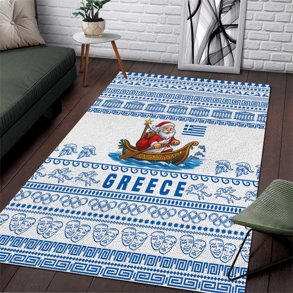 Greece Christmas Area Rug with Santa Rowing Boat Greek Flag Laurel Wreath Parthenon and Blue White Pattern Design - Wonder Print Shop
