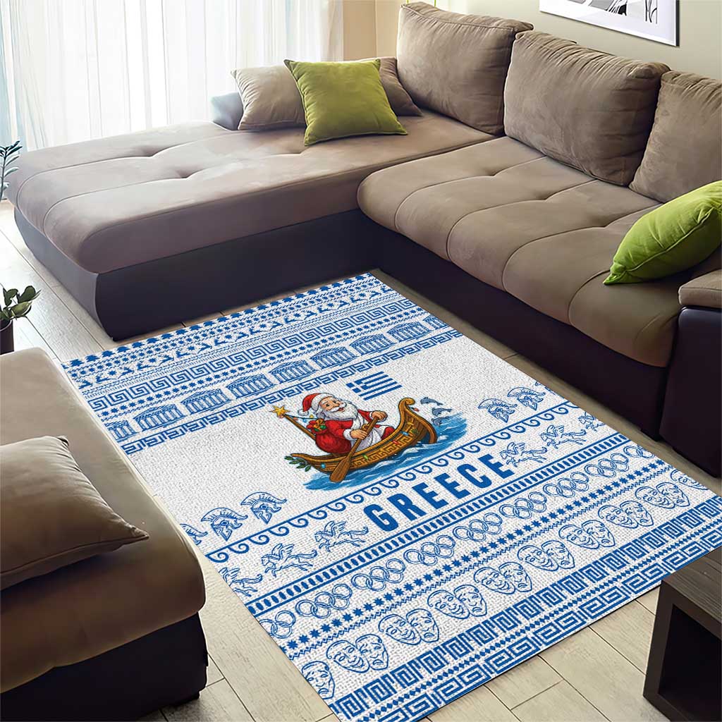 Greece Christmas Area Rug with Santa Rowing Boat Greek Flag Laurel Wreath Parthenon and Blue White Pattern Design - Wonder Print Shop
