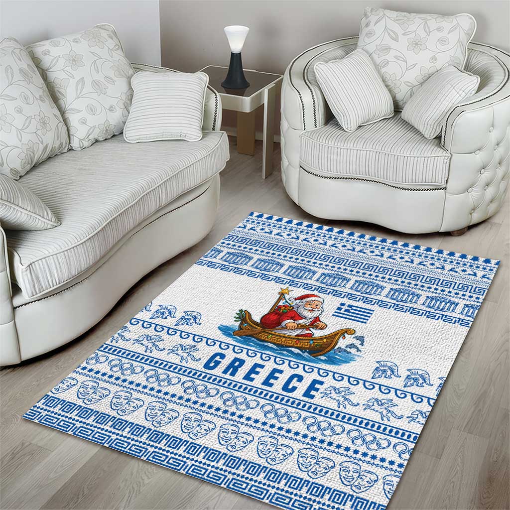 Greece Christmas Area Rug with Santa Rowing Boat Greek Flag Laurel Wreath Parthenon and Blue White Pattern Design - Wonder Print Shop