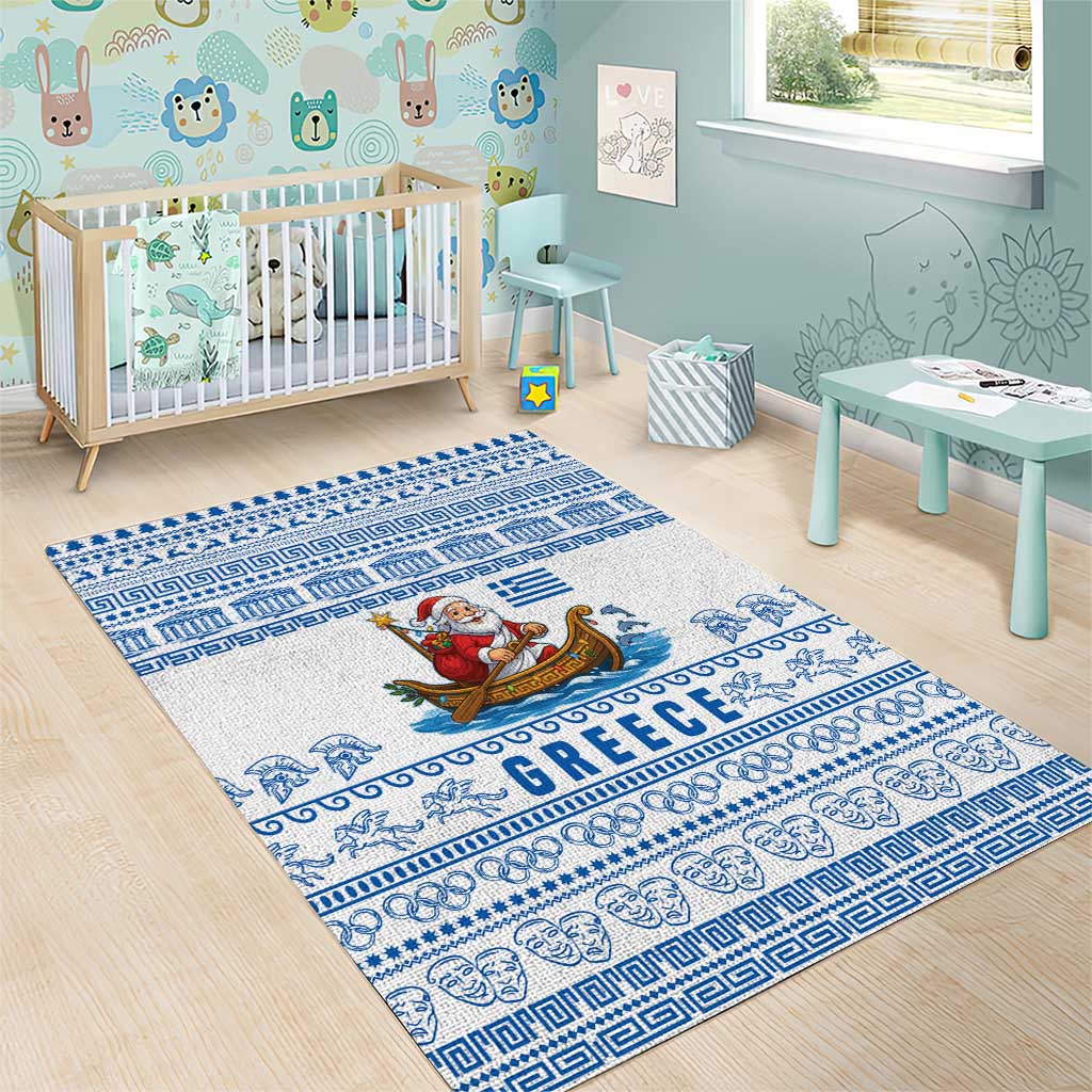 Greece Christmas Area Rug with Santa Rowing Boat Greek Flag Laurel Wreath Parthenon and Blue White Pattern Design - Wonder Print Shop