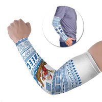 Greece Christmas Arm Sleeves with Santa Rowing Boat Greek Flag Laurel Wreath Parthenon and Blue White Pattern Design - Wonder Print Shop