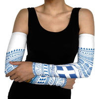 Greece Christmas Arm Sleeves with Santa Rowing Boat Greek Flag Laurel Wreath Parthenon and Blue White Pattern Design - Wonder Print Shop
