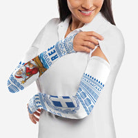 Greece Christmas Arm Sleeves with Santa Rowing Boat Greek Flag Laurel Wreath Parthenon and Blue White Pattern Design - Wonder Print Shop