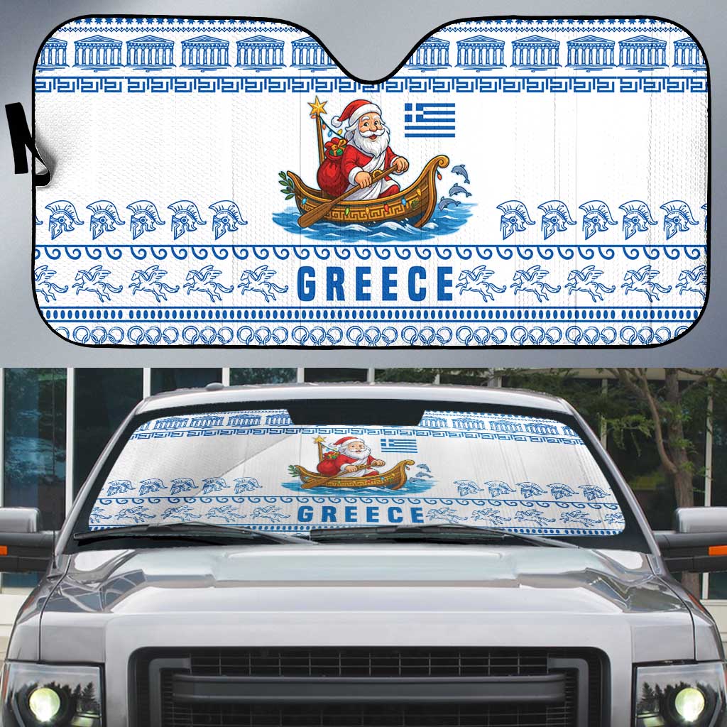 Greece Christmas Auto Sun Shade with Santa Rowing Boat Greek Flag Laurel Wreath Parthenon and Blue White Pattern Design - Wonder Print Shop