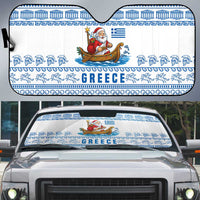 Greece Christmas Auto Sun Shade with Santa Rowing Boat Greek Flag Laurel Wreath Parthenon and Blue White Pattern Design - Wonder Print Shop