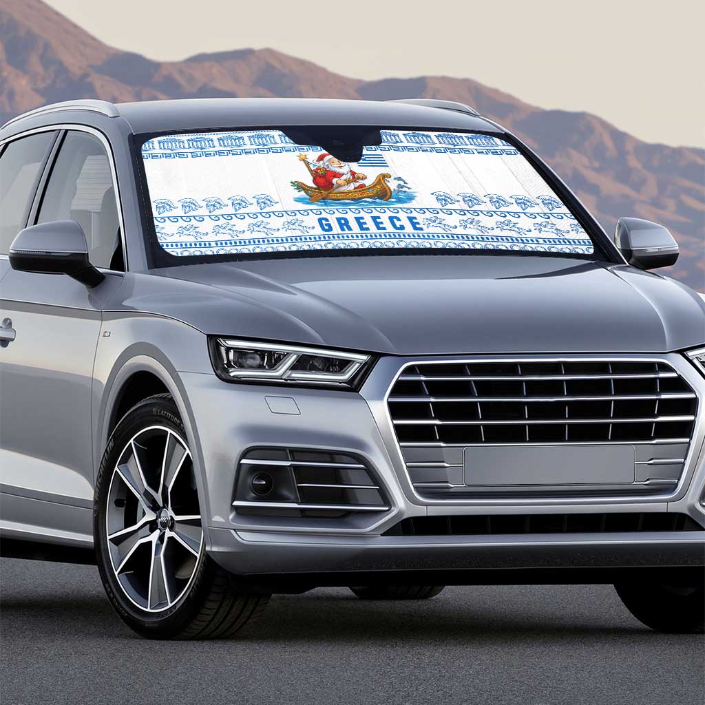 Greece Christmas Auto Sun Shade with Santa Rowing Boat Greek Flag Laurel Wreath Parthenon and Blue White Pattern Design - Wonder Print Shop