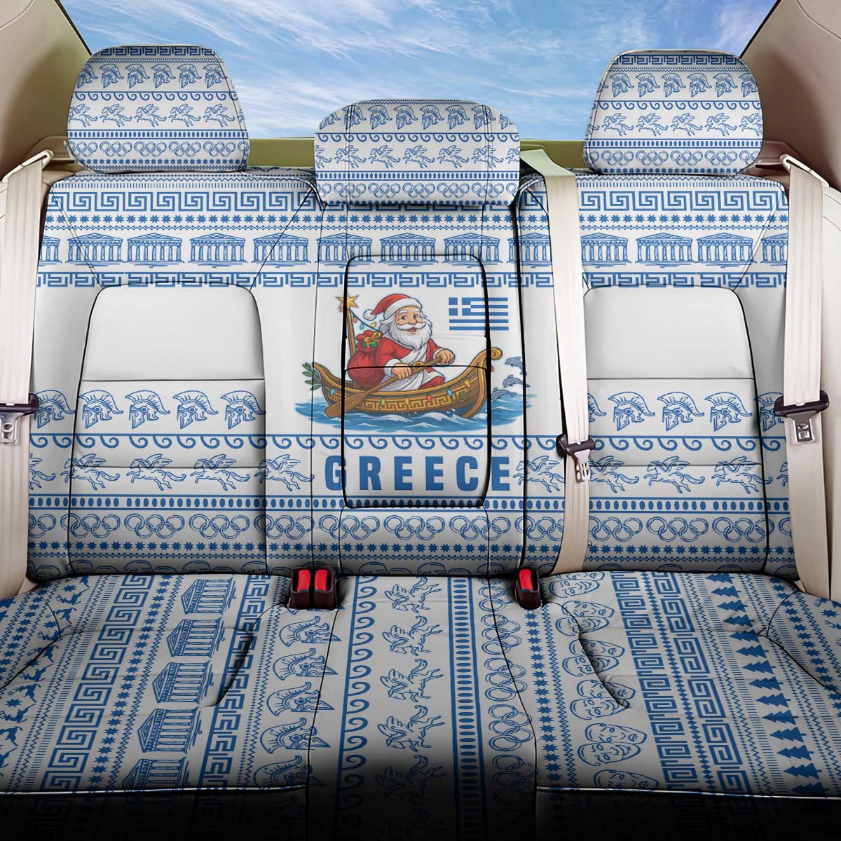 Greece Christmas Back Car Seat Cover with Santa Rowing Boat Greek Flag Laurel Wreath Parthenon and Blue White Pattern Design - Wonder Print Shop