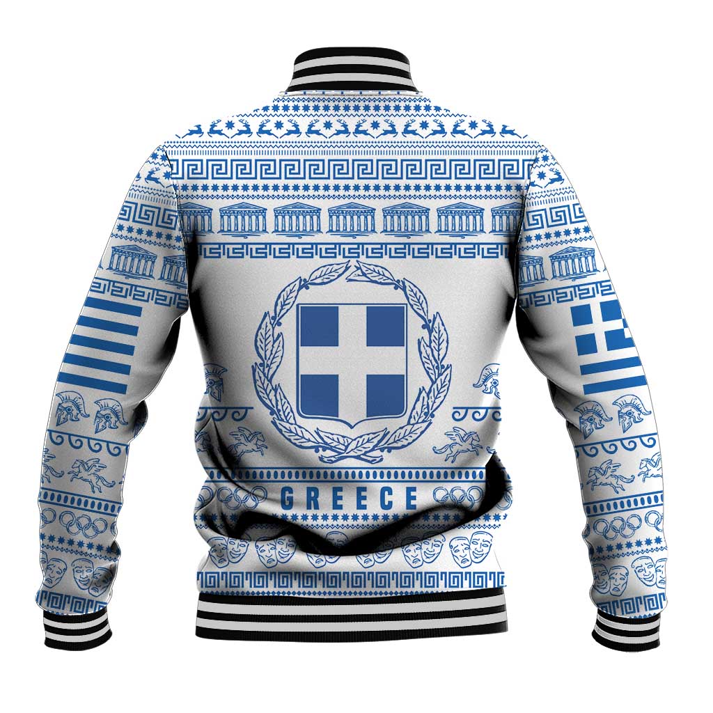 Greece Christmas Baseball Jacket with Santa Rowing Boat Greek Flag Laurel Wreath Parthenon and Blue White Pattern Design - Wonder Print Shop