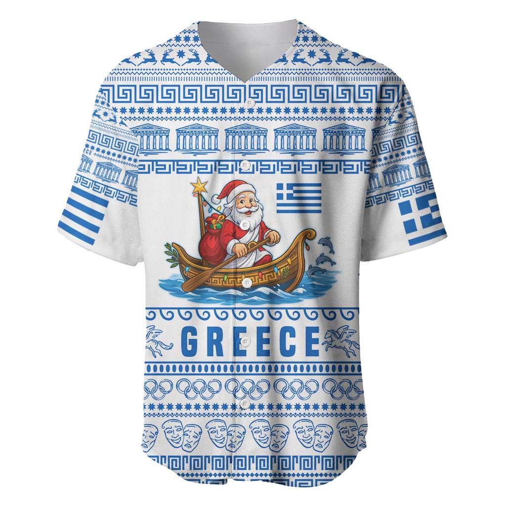 Greece Christmas Baseball Jersey with Santa Rowing Boat Greek Flag Laurel Wreath Parthenon and Blue White Pattern Design - Wonder Print Shop