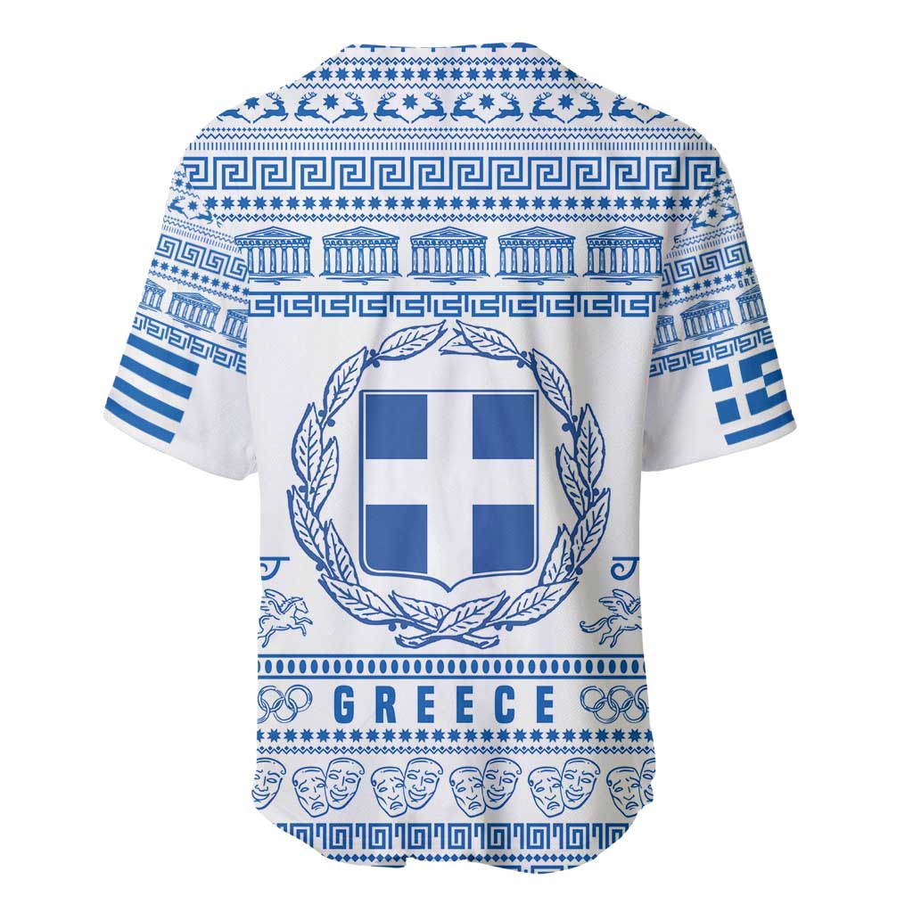 Greece Christmas Baseball Jersey with Santa Rowing Boat Greek Flag Laurel Wreath Parthenon and Blue White Pattern Design - Wonder Print Shop