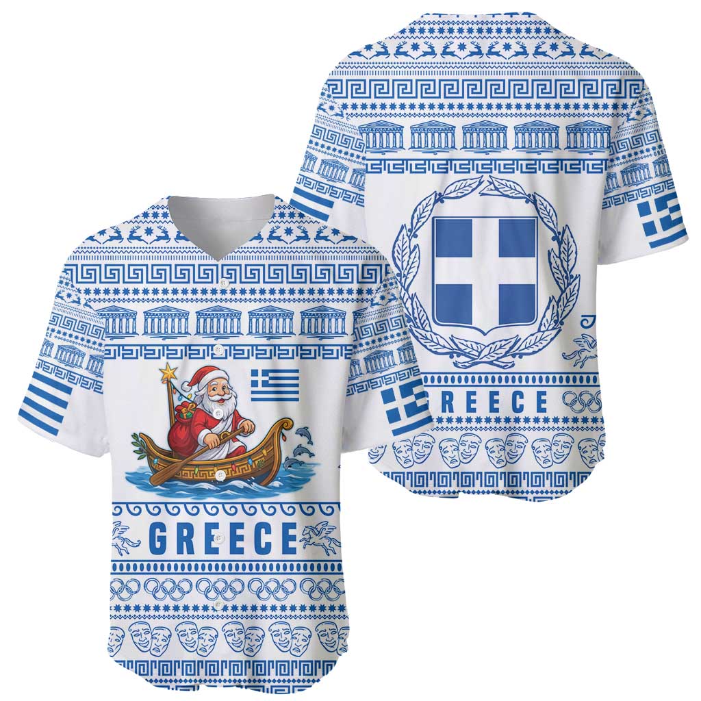 Greece Christmas Baseball Jersey with Santa Rowing Boat Greek Flag Laurel Wreath Parthenon and Blue White Pattern Design - Wonder Print Shop