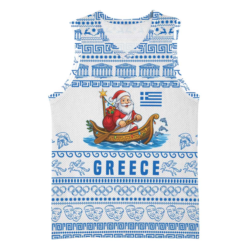 Greece Christmas Basketball Jersey with Santa Rowing Boat Greek Flag Laurel Wreath Parthenon and Blue White Pattern Design - Wonder Print Shop