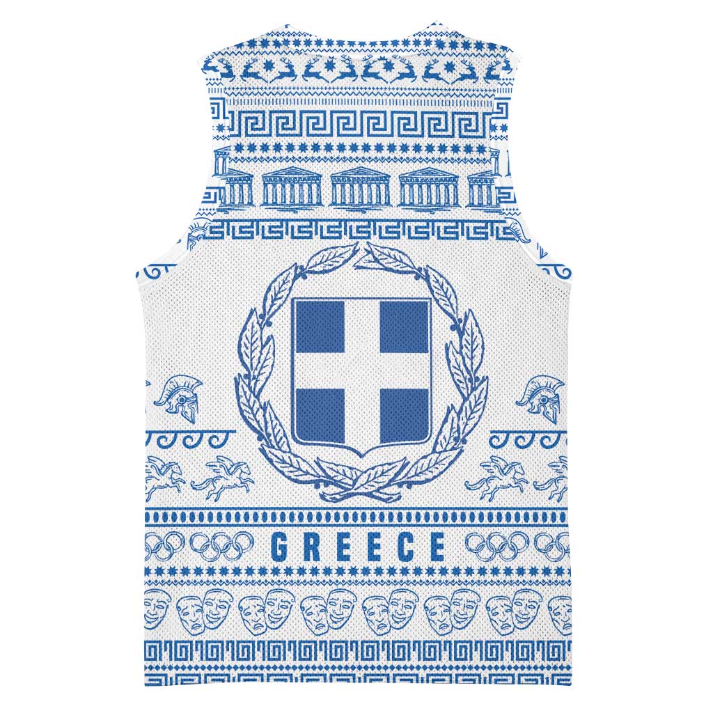 Greece Christmas Basketball Jersey with Santa Rowing Boat Greek Flag Laurel Wreath Parthenon and Blue White Pattern Design - Wonder Print Shop