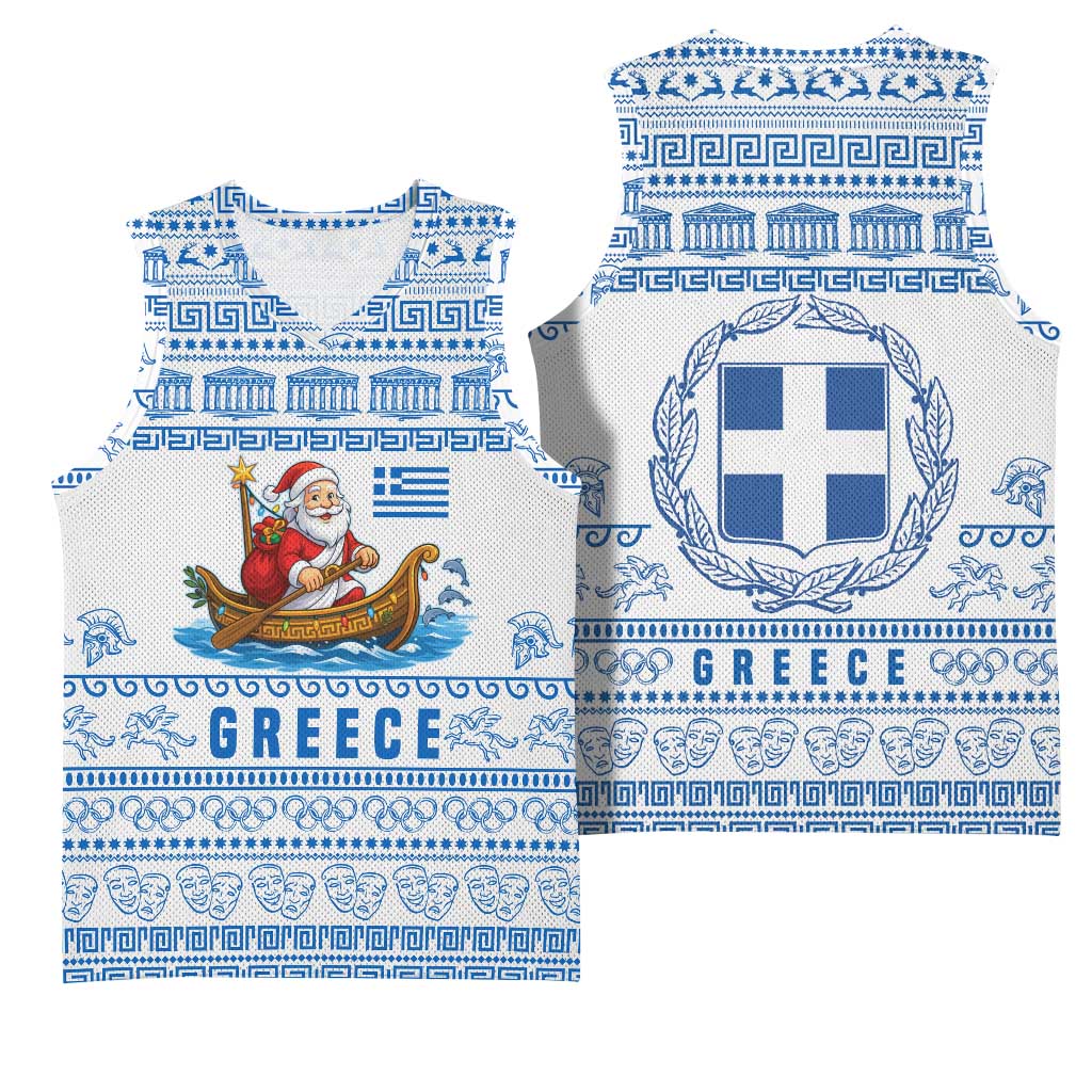 Greece Christmas Basketball Jersey with Santa Rowing Boat Greek Flag Laurel Wreath Parthenon and Blue White Pattern Design - Wonder Print Shop