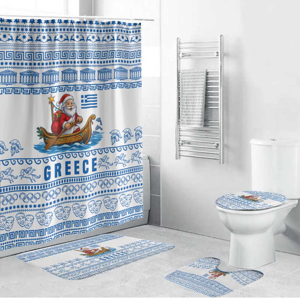 Greece Christmas Bathroom Set with Santa Rowing Boat Greek Flag Laurel Wreath Parthenon and Blue White Pattern Design - Wonder Print Shop