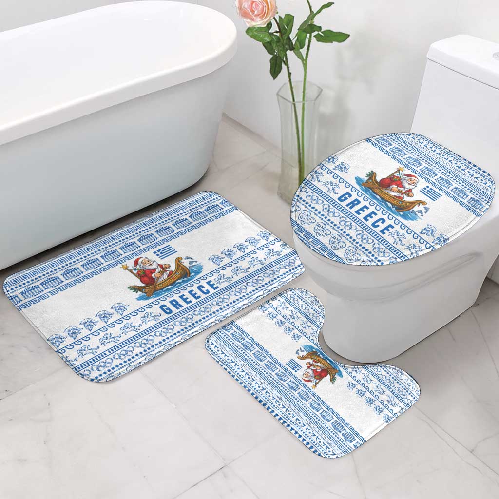 Greece Christmas Bathroom Set with Santa Rowing Boat Greek Flag Laurel Wreath Parthenon and Blue White Pattern Design - Wonder Print Shop