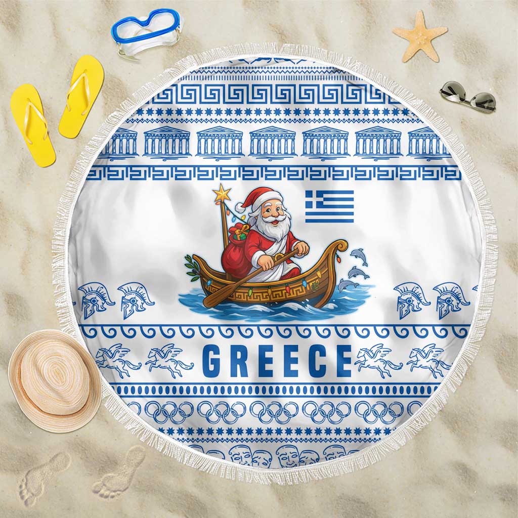 Greece Christmas Beach Blanket with Santa Rowing Boat Greek Flag Laurel Wreath Parthenon and Blue White Pattern Design - Wonder Print Shop