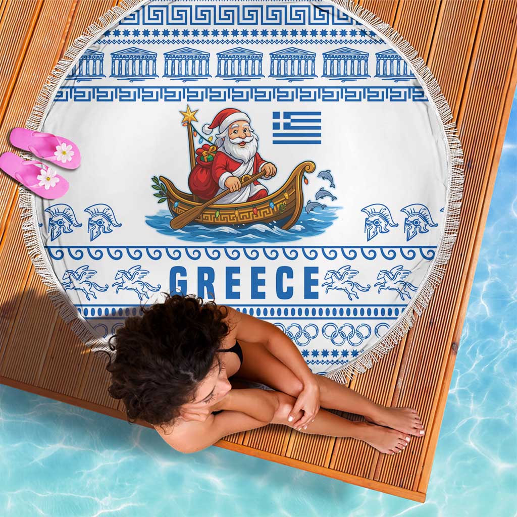 Greece Christmas Beach Blanket with Santa Rowing Boat Greek Flag Laurel Wreath Parthenon and Blue White Pattern Design - Wonder Print Shop