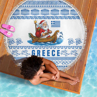 Greece Christmas Beach Blanket with Santa Rowing Boat Greek Flag Laurel Wreath Parthenon and Blue White Pattern Design - Wonder Print Shop