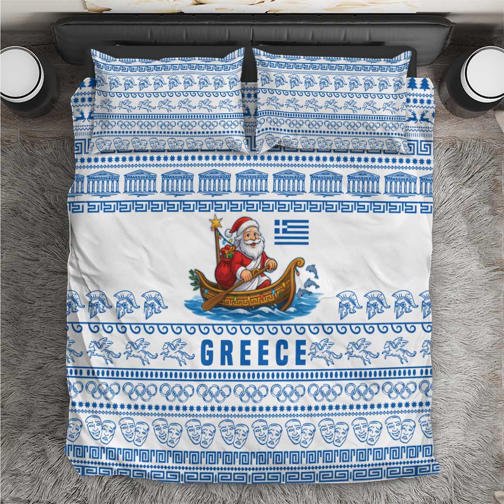 Greece Christmas Bedding Set with Santa Rowing Boat Greek Flag Laurel Wreath Parthenon and Blue White Pattern Design - Wonder Print Shop