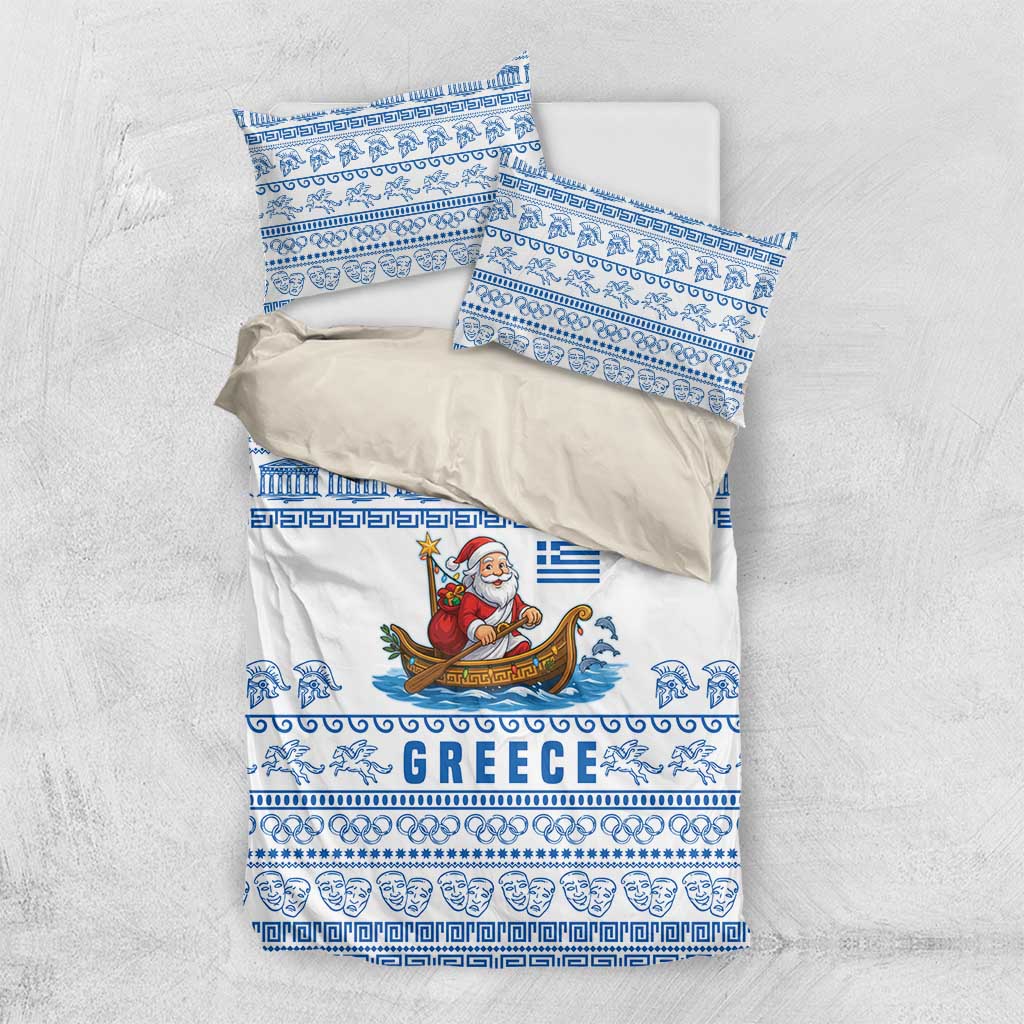 Greece Christmas Bedding Set with Santa Rowing Boat Greek Flag Laurel Wreath Parthenon and Blue White Pattern Design - Wonder Print Shop