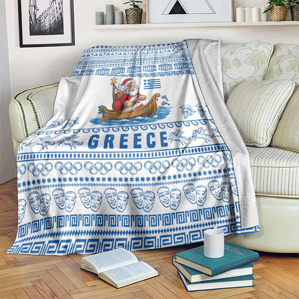 Greece Christmas Blanket with Santa Rowing Boat Greek Flag Laurel Wreath Parthenon and Blue White Pattern Design - Wonder Print Shop