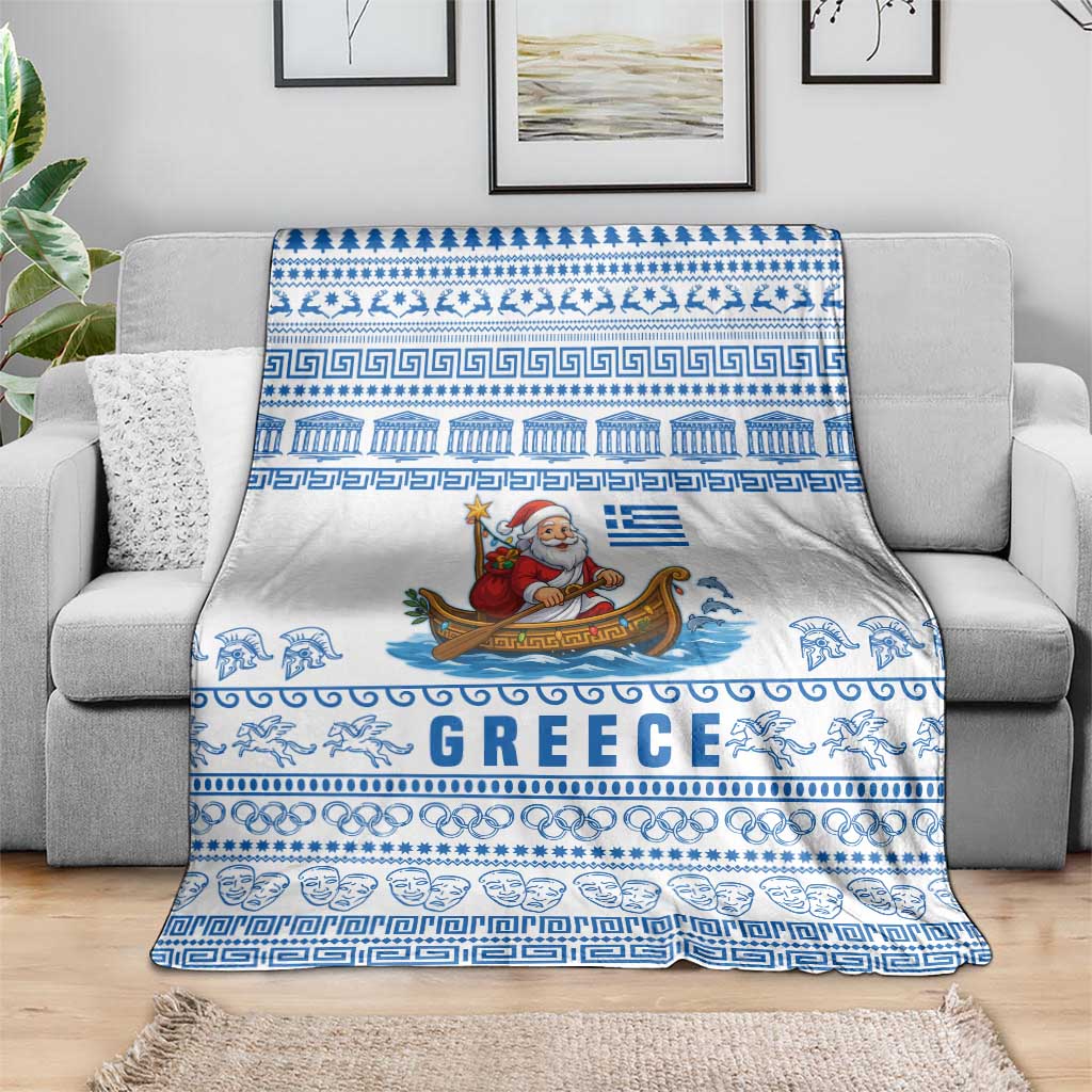 Greece Christmas Blanket with Santa Rowing Boat Greek Flag Laurel Wreath Parthenon and Blue White Pattern Design - Wonder Print Shop