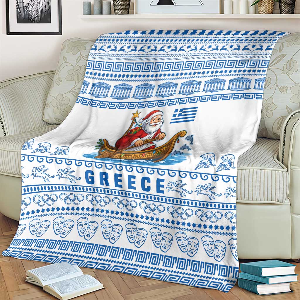 Greece Christmas Blanket with Santa Rowing Boat Greek Flag Laurel Wreath Parthenon and Blue White Pattern Design - Wonder Print Shop