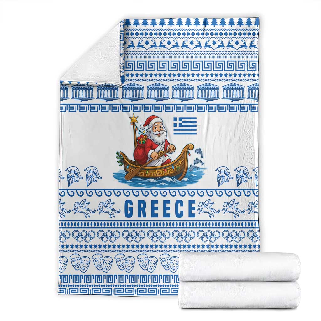 Greece Christmas Blanket with Santa Rowing Boat Greek Flag Laurel Wreath Parthenon and Blue White Pattern Design - Wonder Print Shop