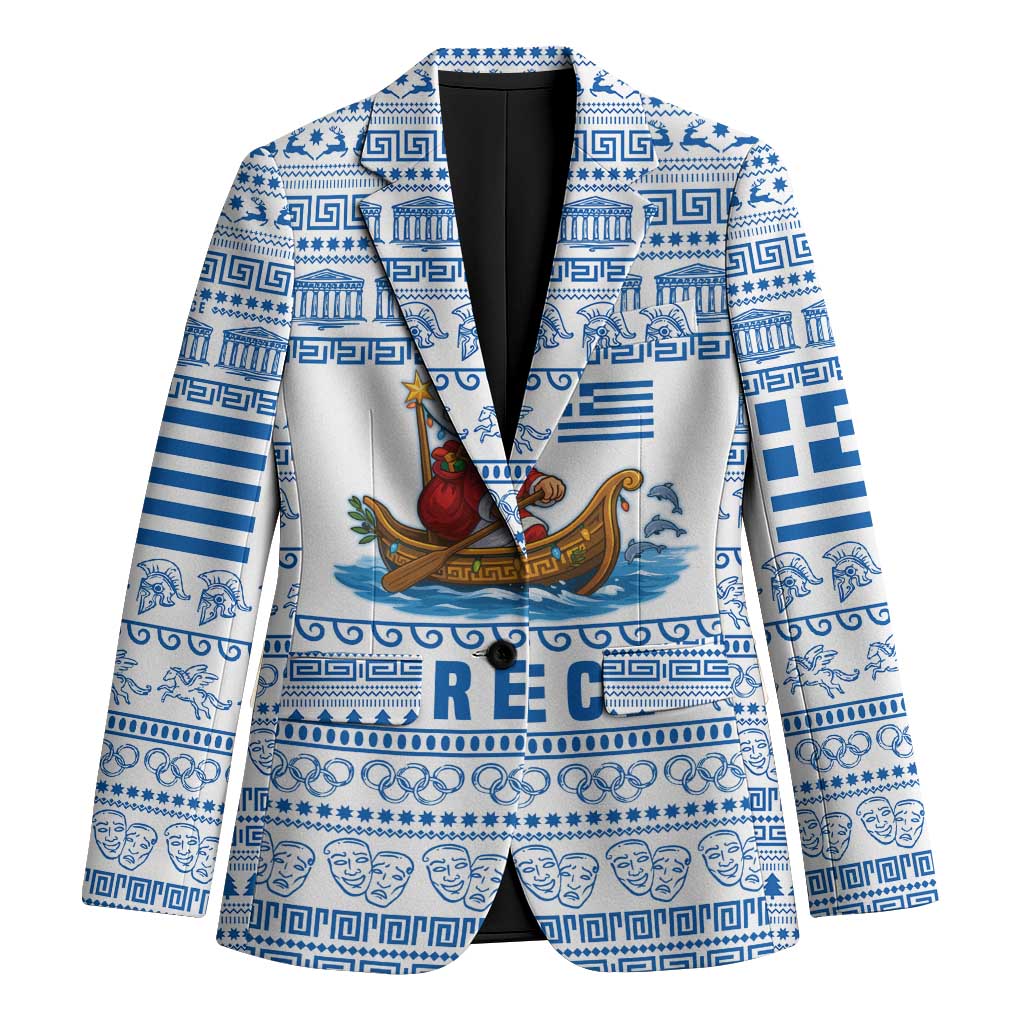 Greece Christmas Blazer with Santa Rowing Boat Greek Flag Laurel Wreath Parthenon and Blue White Pattern Design - Wonder Print Shop
