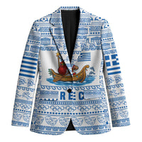 Greece Christmas Blazer with Santa Rowing Boat Greek Flag Laurel Wreath Parthenon and Blue White Pattern Design - Wonder Print Shop