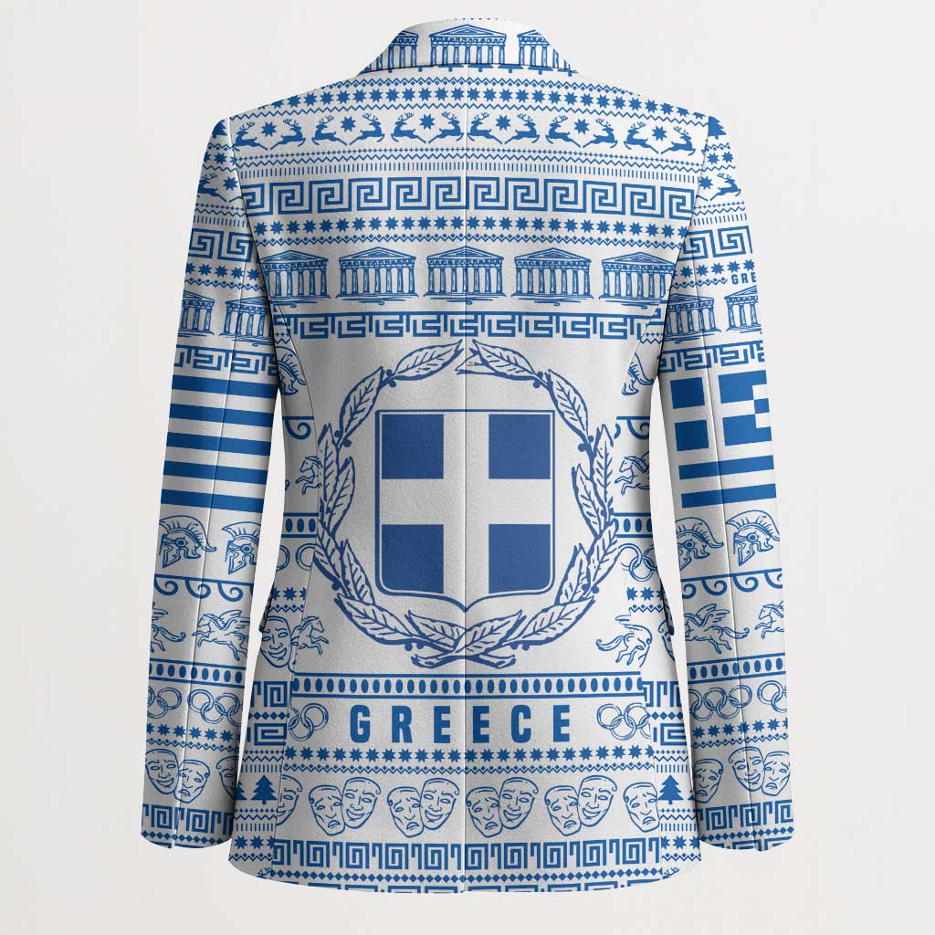 Greece Christmas Blazer with Santa Rowing Boat Greek Flag Laurel Wreath Parthenon and Blue White Pattern Design - Wonder Print Shop