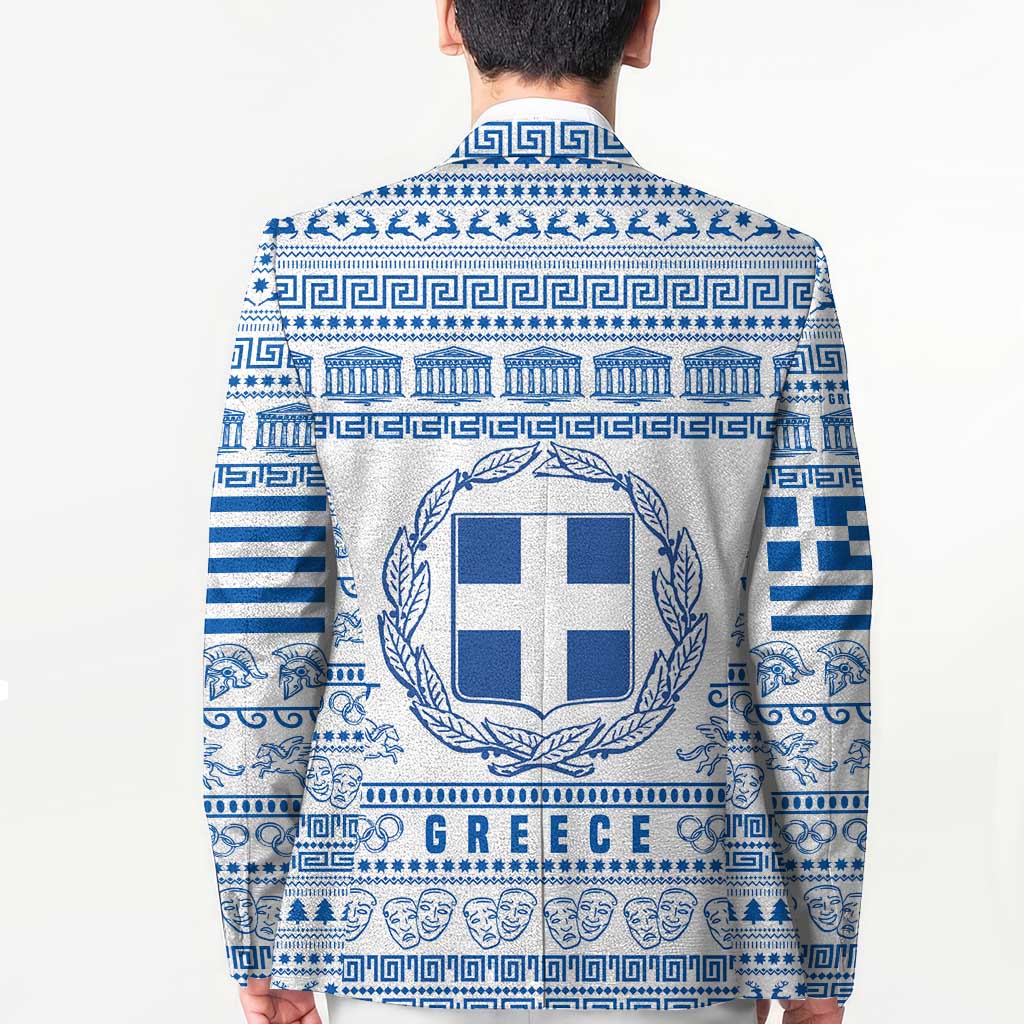 Greece Christmas Blazer with Santa Rowing Boat Greek Flag Laurel Wreath Parthenon and Blue White Pattern Design - Wonder Print Shop