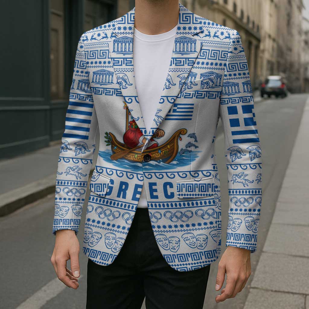 Greece Christmas Blazer with Santa Rowing Boat Greek Flag Laurel Wreath Parthenon and Blue White Pattern Design - Wonder Print Shop