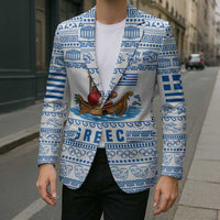 Greece Christmas Blazer with Santa Rowing Boat Greek Flag Laurel Wreath Parthenon and Blue White Pattern Design - Wonder Print Shop