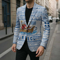 Greece Christmas Blazer with Santa Rowing Boat Greek Flag Laurel Wreath Parthenon and Blue White Pattern Design - Wonder Print Shop