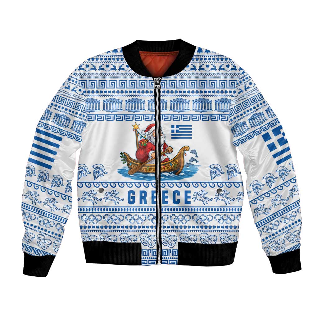 Greece Christmas Bomber Jacket with Santa Rowing Boat Greek Flag Laurel Wreath Parthenon and Blue White Pattern Design - Wonder Print Shop