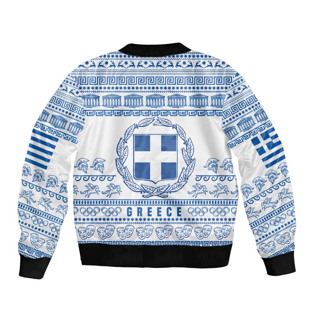 Greece Christmas Bomber Jacket with Santa Rowing Boat Greek Flag Laurel Wreath Parthenon and Blue White Pattern Design - Wonder Print Shop