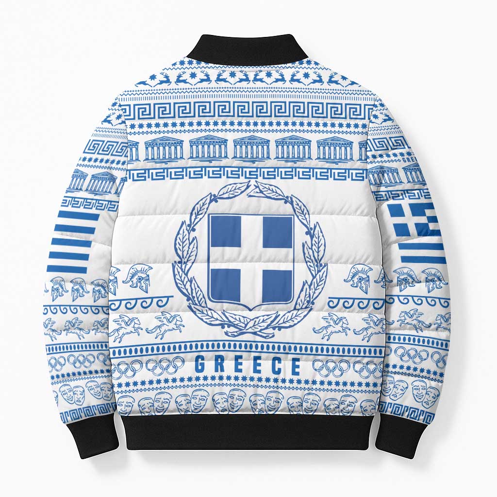 Greece Christmas Bomber Puffer Jacket with Santa Rowing Boat Greek Flag Laurel Wreath Parthenon and Blue White Pattern Design - Wonder Print Shop