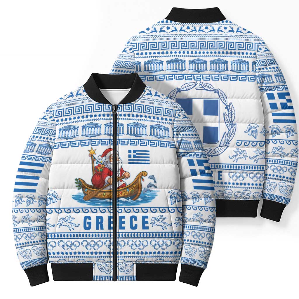 Greece Christmas Bomber Puffer Jacket with Santa Rowing Boat Greek Flag Laurel Wreath Parthenon and Blue White Pattern Design - Wonder Print Shop