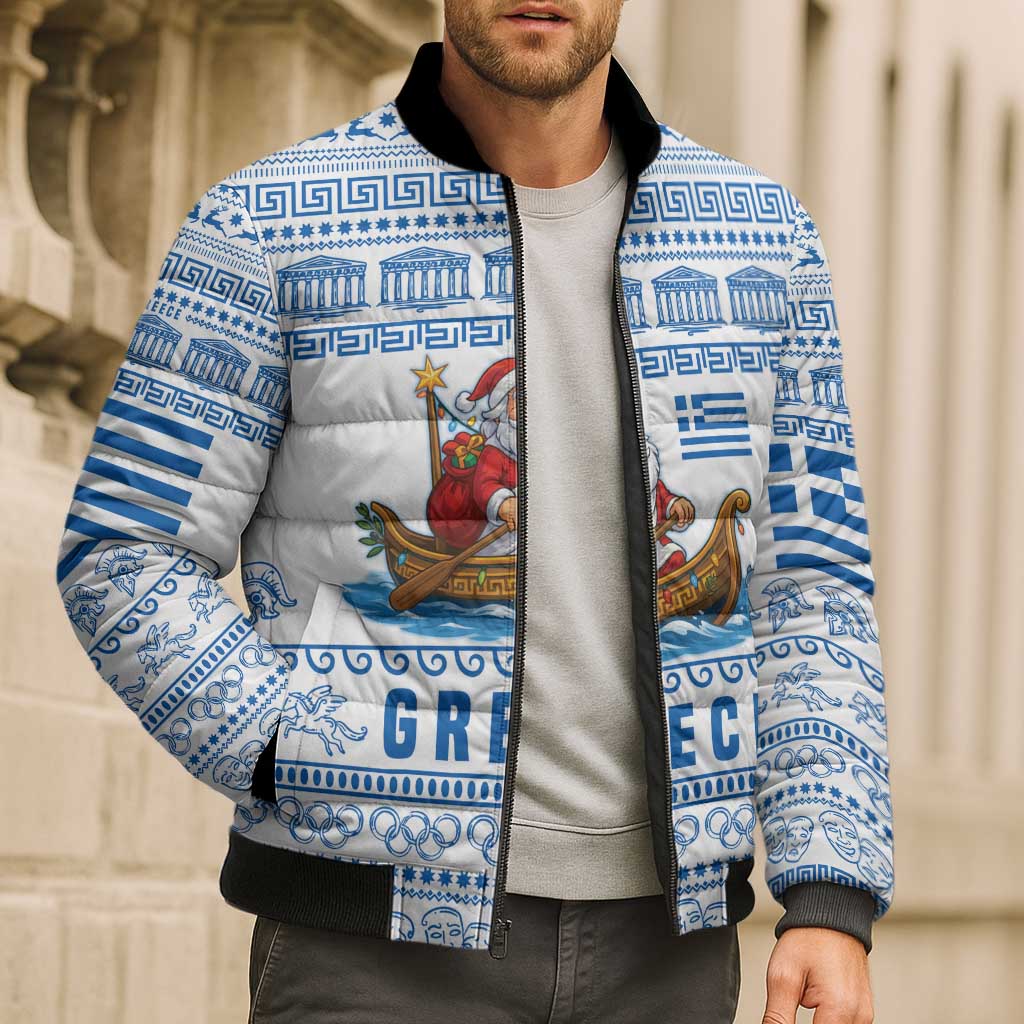 Greece Christmas Bomber Puffer Jacket with Santa Rowing Boat Greek Flag Laurel Wreath Parthenon and Blue White Pattern Design - Wonder Print Shop