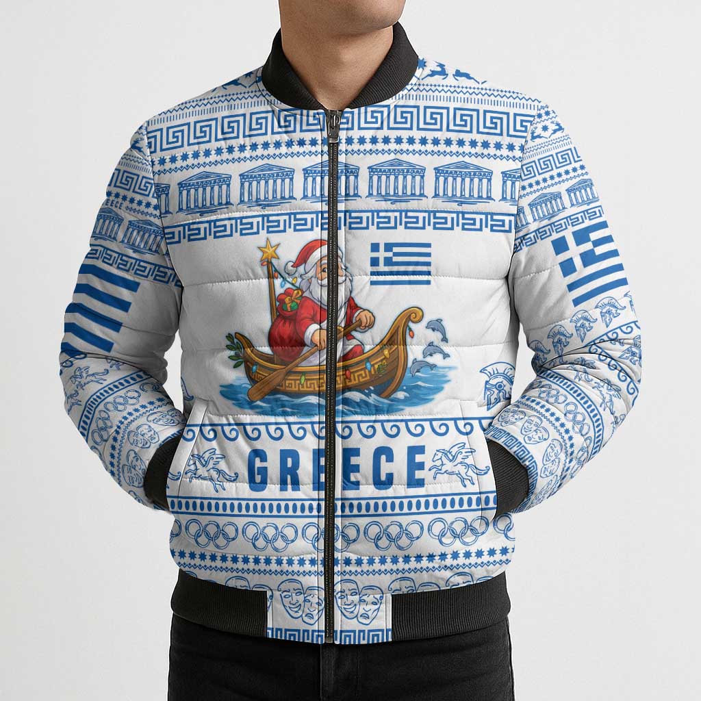 Greece Christmas Bomber Puffer Jacket with Santa Rowing Boat Greek Flag Laurel Wreath Parthenon and Blue White Pattern Design - Wonder Print Shop