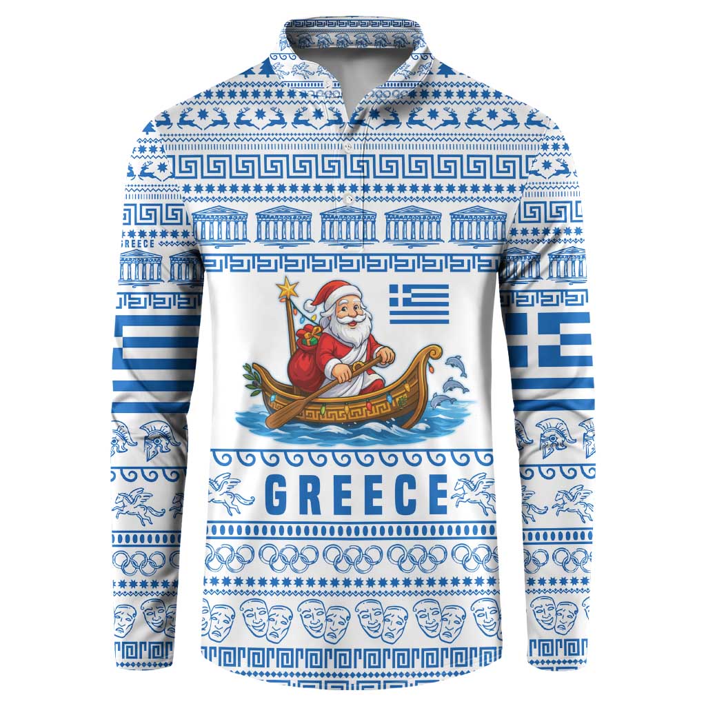 Greece Christmas Button Sweatshirt with Santa Rowing Boat Greek Flag Laurel Wreath Parthenon and Blue White Pattern Design - Wonder Print Shop