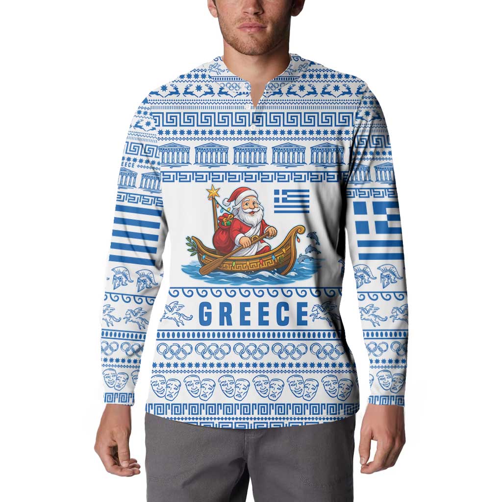 Greece Christmas Button Sweatshirt with Santa Rowing Boat Greek Flag Laurel Wreath Parthenon and Blue White Pattern Design - Wonder Print Shop