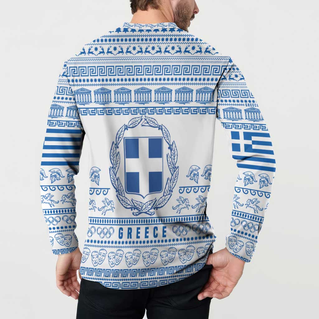 Greece Christmas Button Sweatshirt with Santa Rowing Boat Greek Flag Laurel Wreath Parthenon and Blue White Pattern Design - Wonder Print Shop