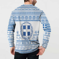 Greece Christmas Button Sweatshirt with Santa Rowing Boat Greek Flag Laurel Wreath Parthenon and Blue White Pattern Design - Wonder Print Shop